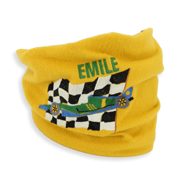 Yellow-organic-cotton-racing car-embroidered-children’s-scarf