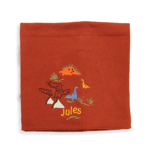 Rust-organic-cotton-dinosaur-embroidered-children’s-scarf