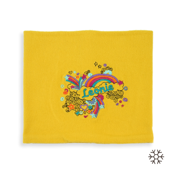 Yellow-organic-cotton-rainbow-embroidered-children’s-scarf