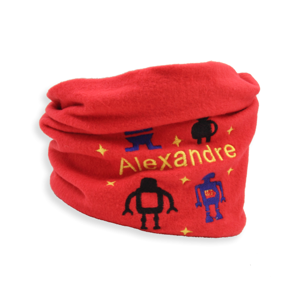 Red-organic-cotton-robots-embroidered-children’s-scarf