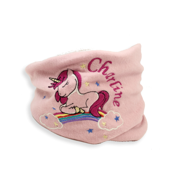 Pink-organic-cotton-unicorn-embroidered-children’s-scarf