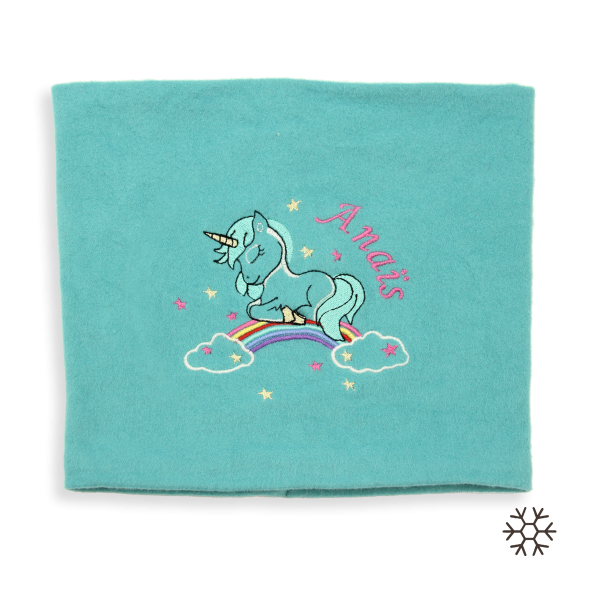 Scarf-child-cotton-organic-turquoise-broidered-unicorn