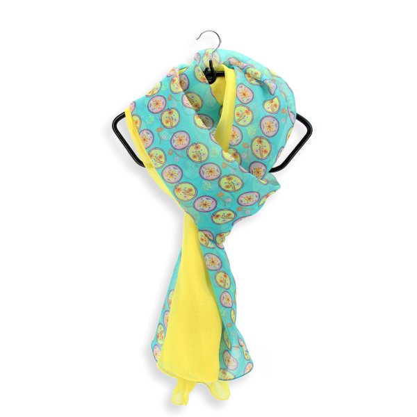 women's-matching-silk-airy scarf-printed-flowers-medaillon-turquoise-scarf-monochrome-yellow