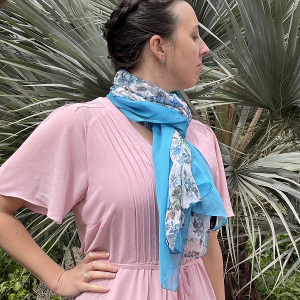 women's-matching-silk-scarf-printed-flowers-blue lagoon-monochrome