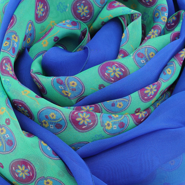 women's-matching-silk-airy scarf-printed-flowers-medaillon-green-scarf-monochrome-blue