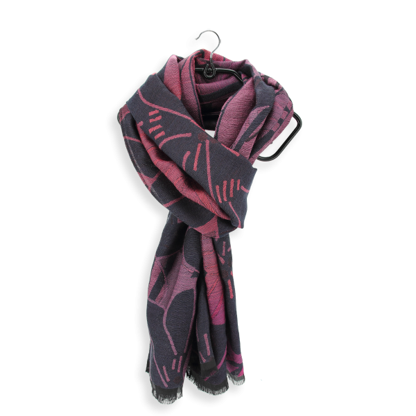 Made-in-france-navy-pink-silk-Merino-wool-stole-Neo Floral