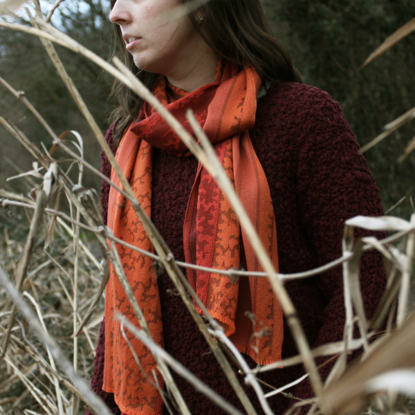 Orange-merino-wool-silk-women's-scarf-Arborescence