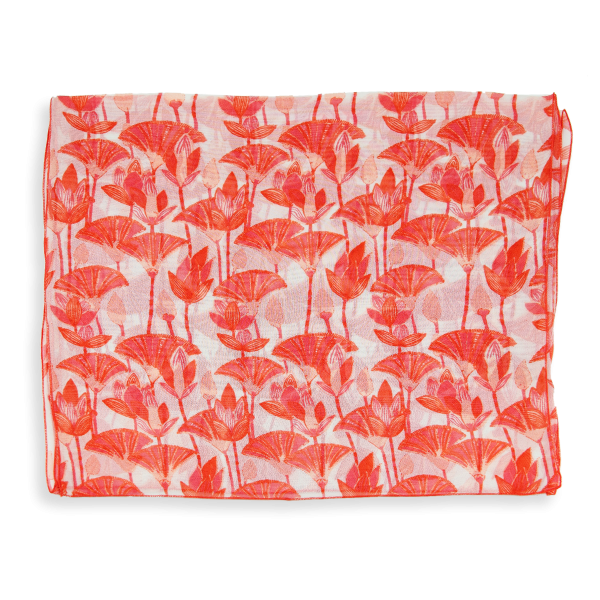 Red coral-lotus-flower-printed-silk-women’s-scarf