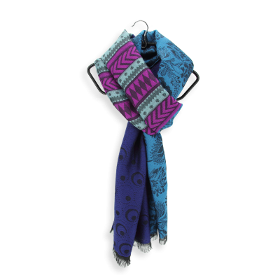 BLUE AND TURQUOISE MERINO WOOL AND RAYON BLEND STOLE - IMAGINAIRE