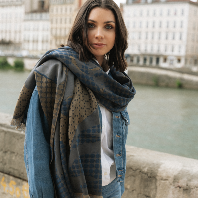 BLUE JEAN and BEIGE, MERINO WOOL COTTON and SILK BLEND STOLE - MONTREAL