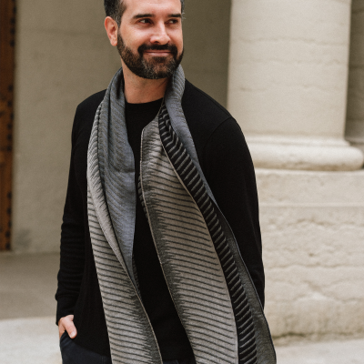 GREY AND BLACK, SILK MERINO WOOL AND CASHMERE BLEND SCARF - CLASSIQUE